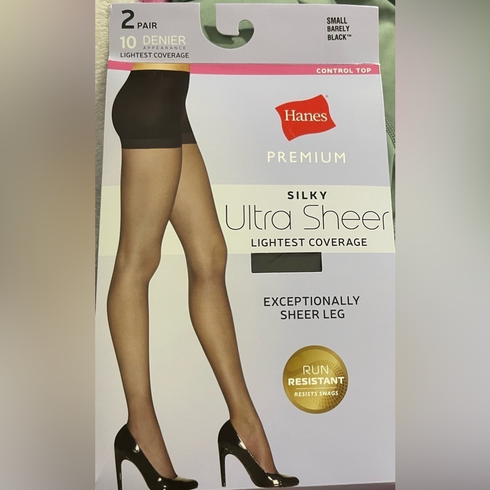 Hanes Premium Silky Ultra Sheer Control Top Pantyhose 2Pr Small Barely Black NIP - Picture 2 of 4